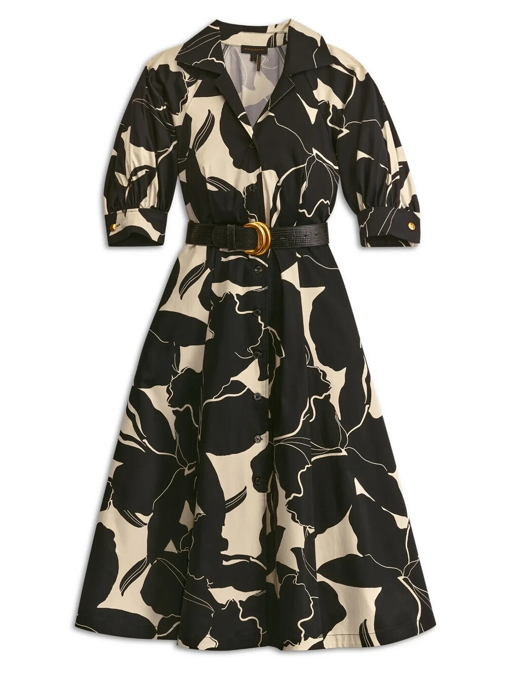 NEW, Donna Karan Floral Stretch Cotton Midi Shirtdress in Black Sz 10 #MD2606